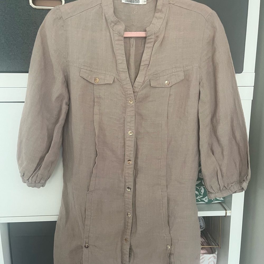 Monoreno 100 % Linen Light Brown Button-Up Shirt